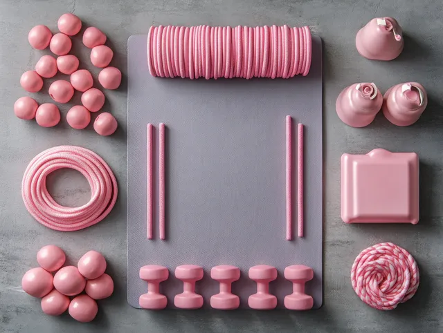 Top view minimalist home gym layout with gray mat pink dumbbells and jump rope