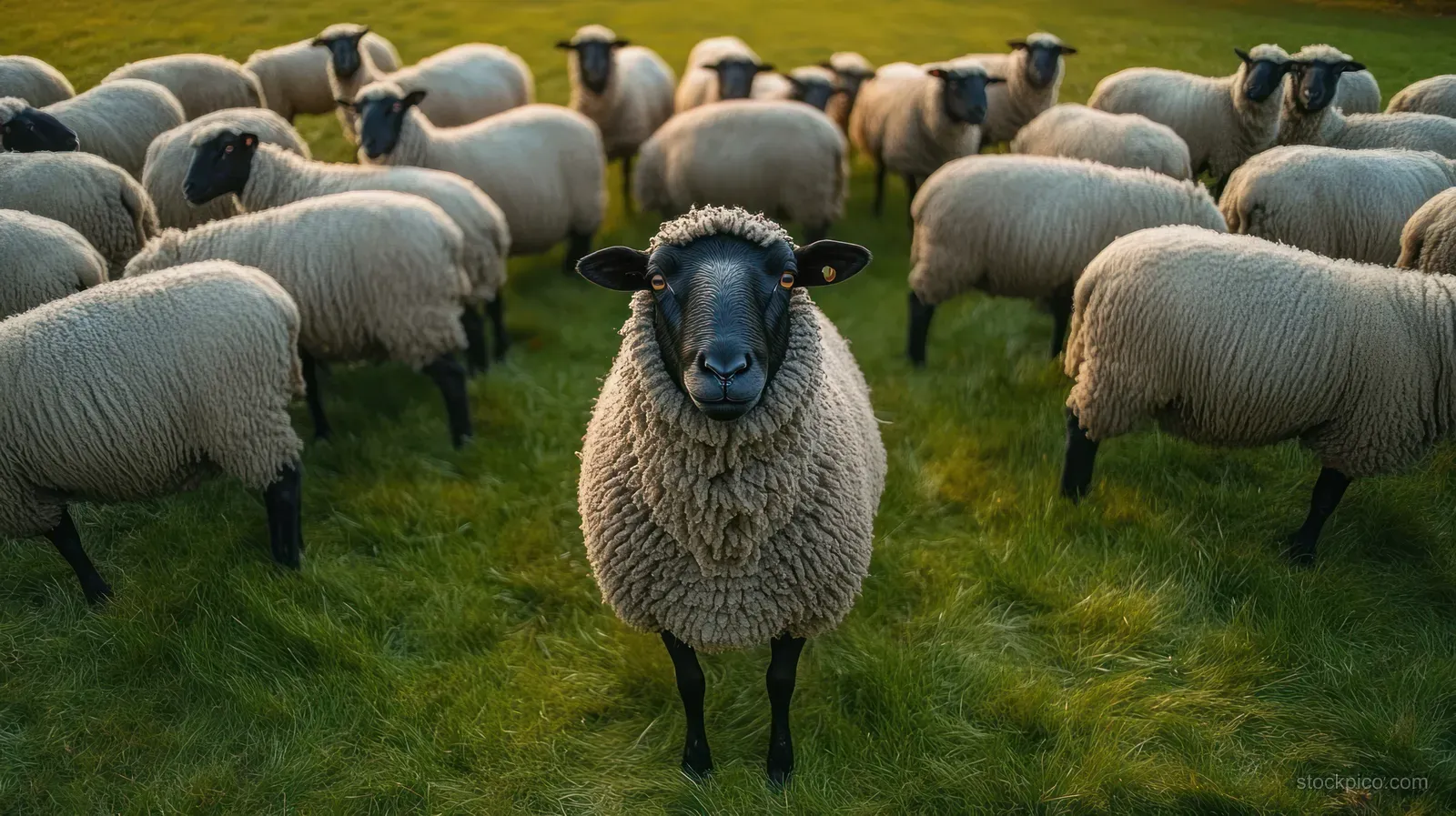 A black-faced sheep leader faces the camera while other sheep graze on green grass in a pasture.