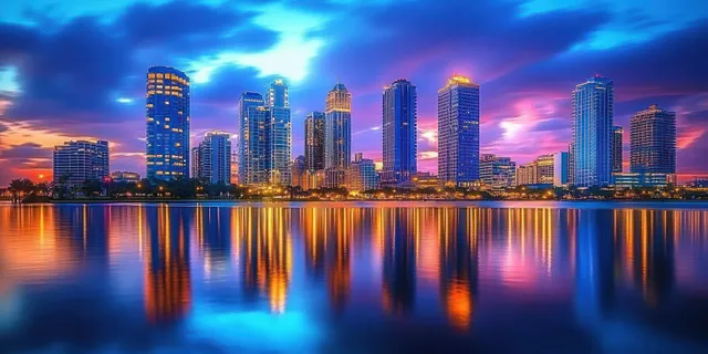 Illuminated skyscrapers line a river at sunset with vivid clouds reflected in still water.