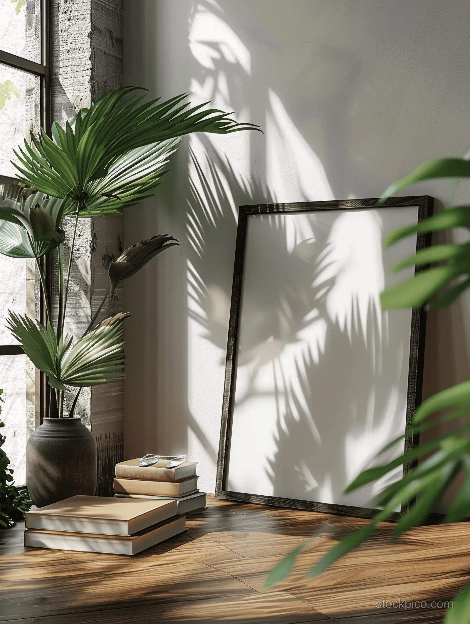 Black wooden A4 frame on a table with palm leaves and stacked books in a sunlit interior.