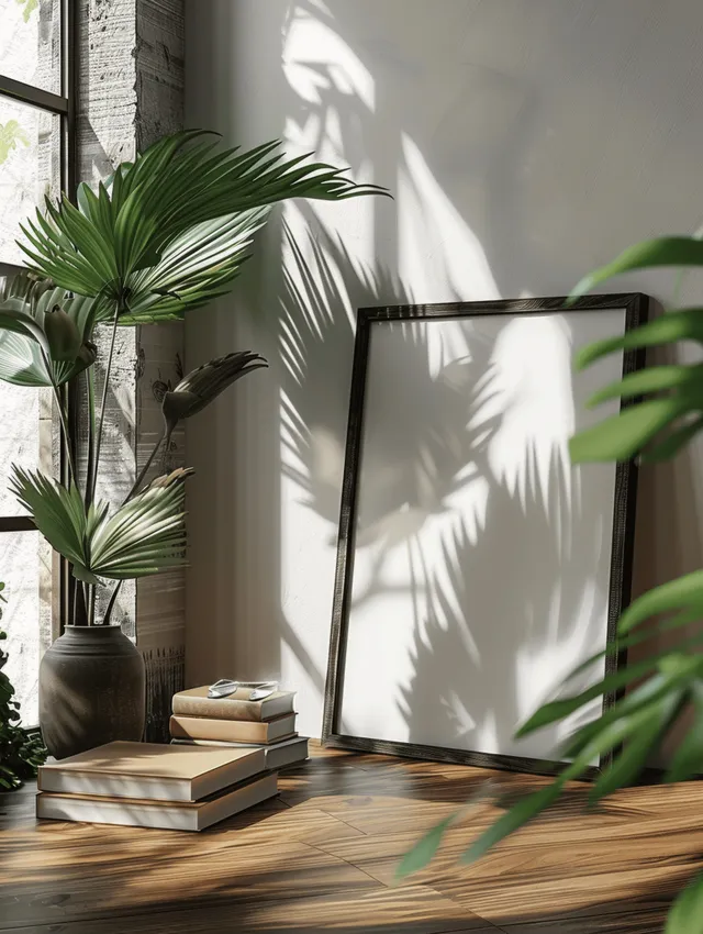 Black wooden A4 photo frame standing on table with palm leaves and stacked books