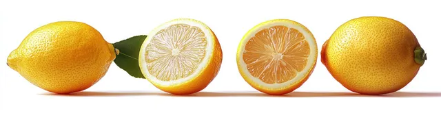 Four yellow lemons, two whole and two cut, arranged in a row with visible juicy pulp on a white background.
