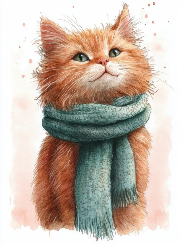 Fluffy orange cat wearing a textured teal scarf, gazing upward in watercolor portrait
