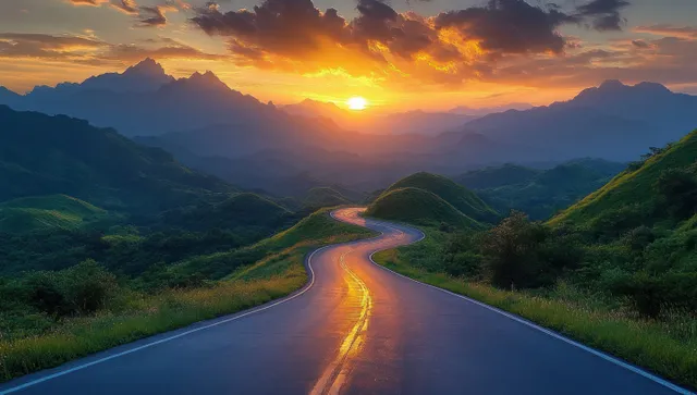 A winding road through green hills under a glowing sunset behind distant mountains.