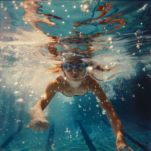 Chinese female swimmer glides underwater during a 200m freestyle race, showcasing bubbles and dynamic motion with intense focus.