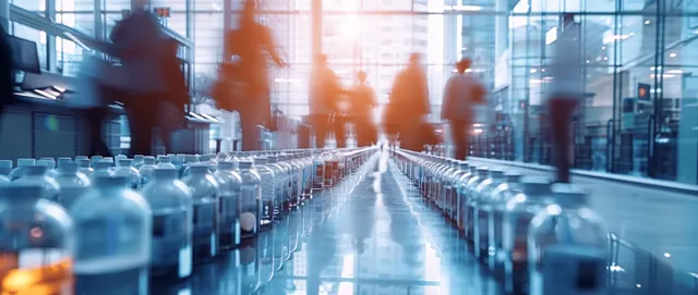 Business professionals stride past glass windows with sunlit light rays and motion blur