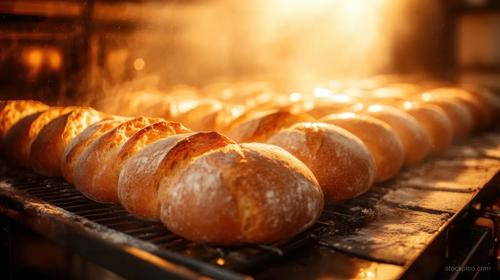 Golden crusty bread loaves baking on oven racks with warm sunlight glowing through the oven haze.