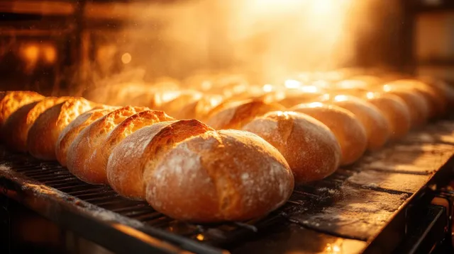 Golden crusty bread loaves baking on oven racks with warm sunlight glowing through the oven haze.