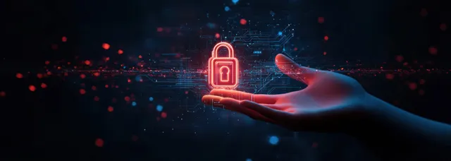 Uma mão segura um ícone de cadeado digital vermelho brilhante contra um fundo escuro futurista com padrão de circuito.