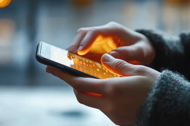 Hands holding a smartphone with a glowing screen in a blurred office workspace.