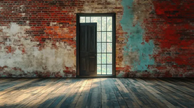 Sunlight streams through an open door onto a weathered brick wall and wooden floor with peeling paint.