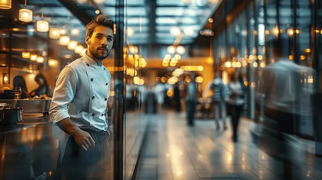 Chef in white uniform stands at a restaurant bar counter with a softly blurred dining room behind.