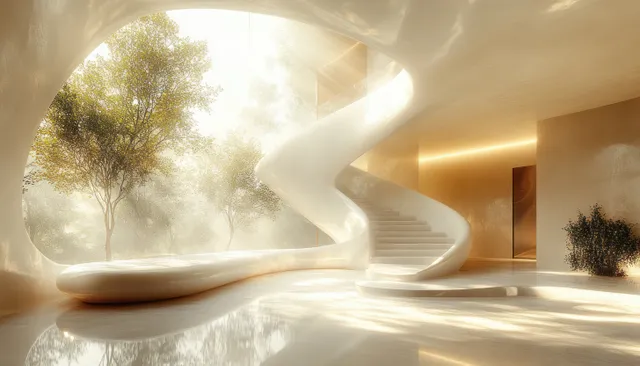 Curved white interior with skylight glow and soft wave-like walls