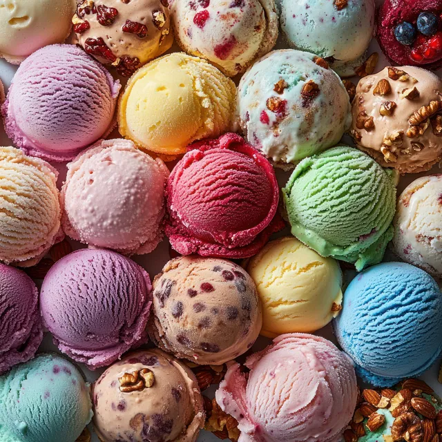 Assorted colorful ice cream scoops piled together, including pistachio, strawberry, vanilla, and chocolate chip with some nuts.