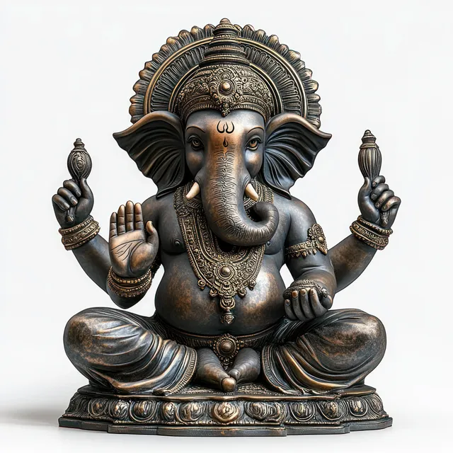Bronze Ganesha statue seated in meditation with multiple arms holding symbolic objects and ornate halo details.