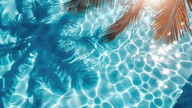 Tropical pool water ripples with palm frond shadows and sun glare