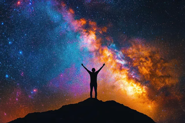 Silhouetted figure on a hill raises arms beneath a colorful Milky Way starburst