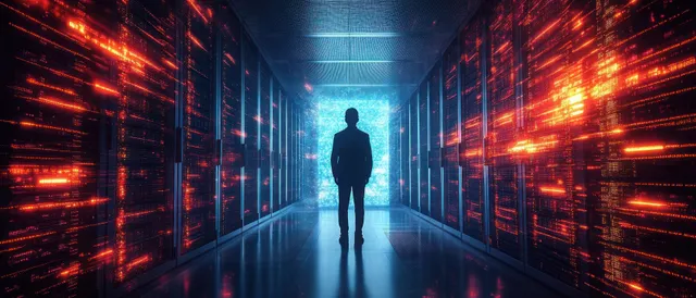 Silhouette of a person in a futuristic data center hallway with glowing red server racks and a bright blue exit.
