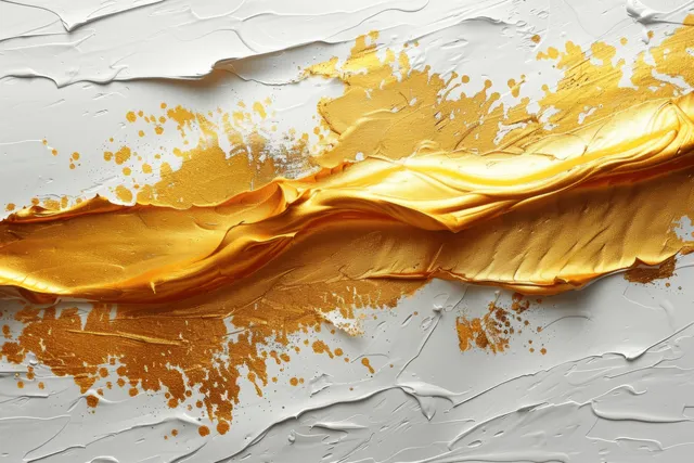 Gold brush strokes with splatter texture over white paper, Japanese-inspired abstract backdrop
