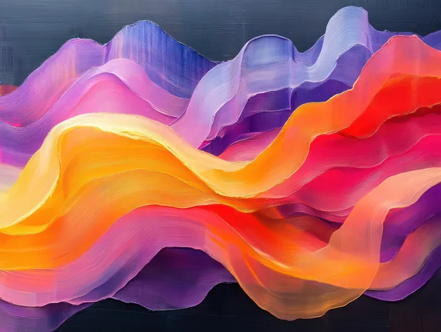 Neon fluid ribbons ripple and overlap in layered wavy bands over a dark glitchy abstract background.