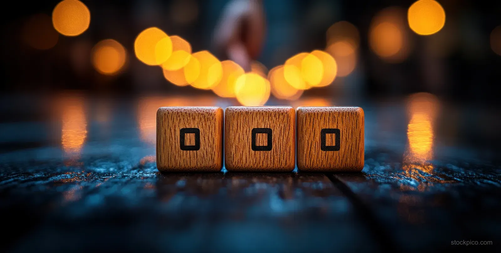 Wooden cube blocks on an office desk with warm blurred lights in the background.
