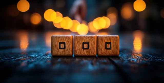 Wooden cube blocks on an office desk with warm blurred lights in the background.