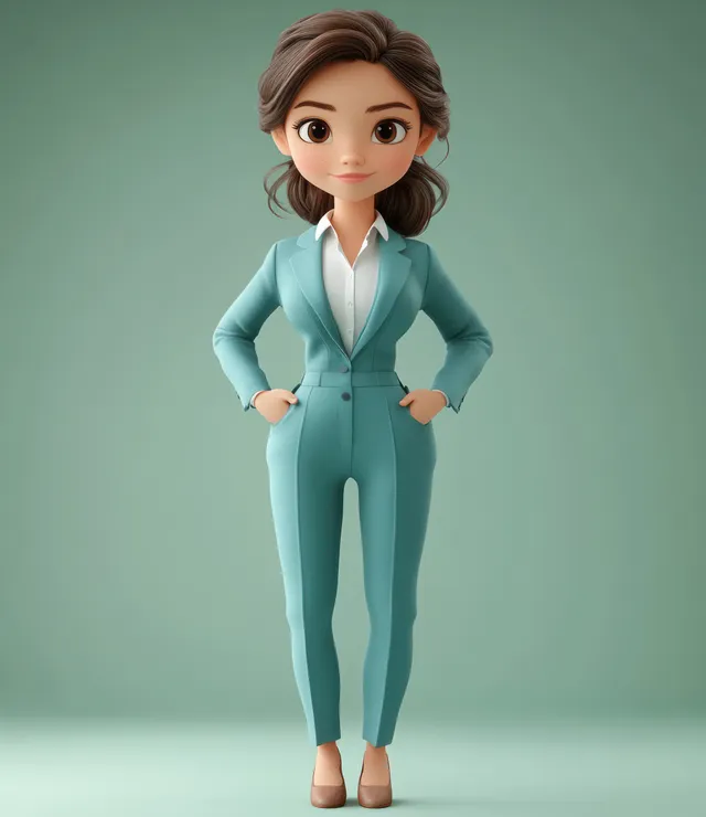 A young businesswoman in a blue suit stands confidently in a minimal studio with soft light.