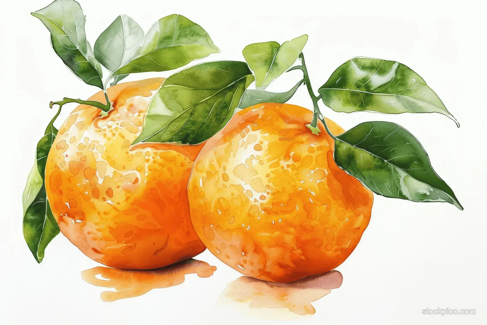 Two painted oranges with green leaves on a clean white background with soft light and visible fruit texture.