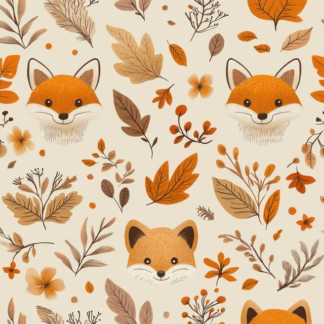 Seamless pattern of smiling fox faces with warm brown and orange autumn leaves and flowers on a light background.