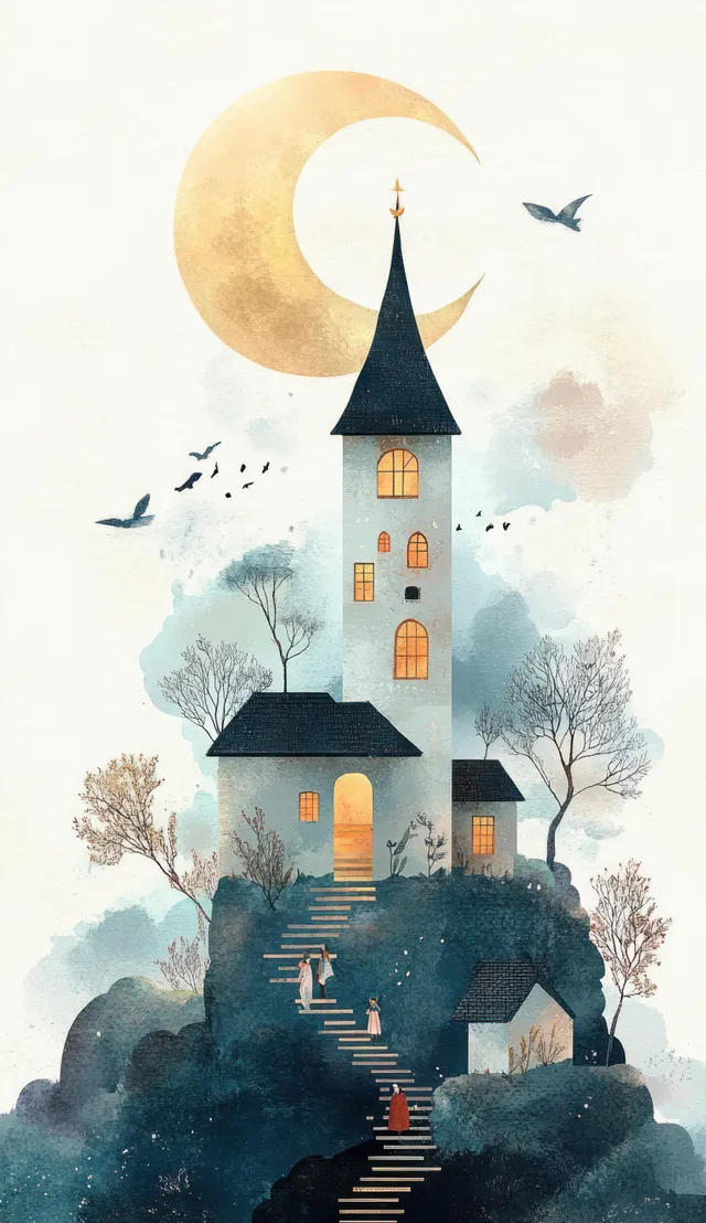 A watercolor fairytale tower sits on a cliff under a crescent moon, surrounded by clouds, trees, birds, and small bunnies.