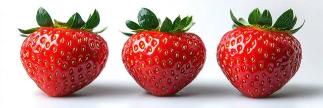 Three ripe strawberries in a row on white surface, vivid red texture and green tops
