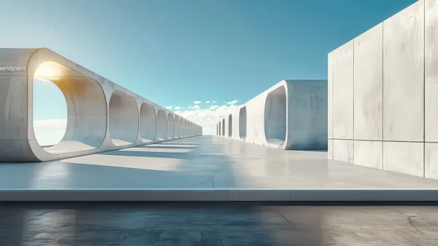 Empty concrete corridor with smooth walls and curved white light bands stretching toward an open blue sky.