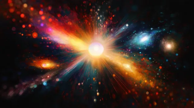 Glowing starburst emitting colorful light rays across deep space with scattered galaxies