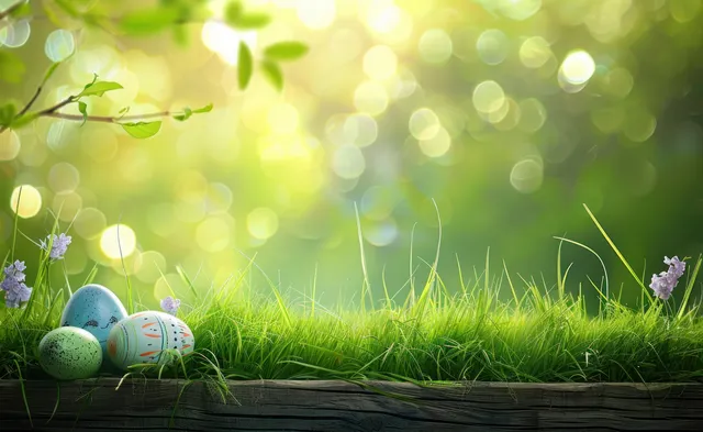 Colorful decorated Easter eggs sit on green grass with purple flowers and soft sunlit leaf bokeh behind them.