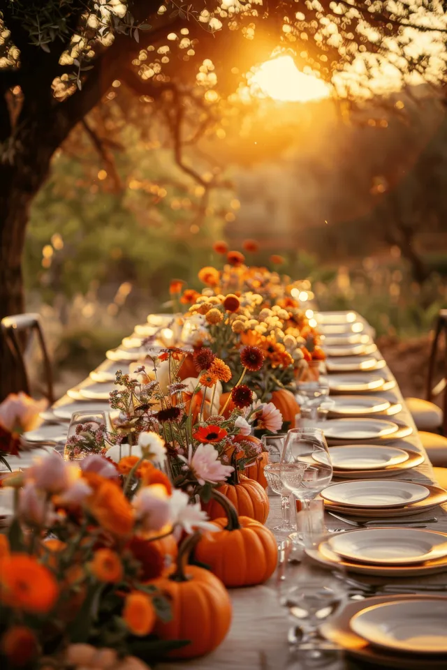 Rustic outdoor dinner table at golden hour with pumpkins, wildflower arrangements, and lit candles.