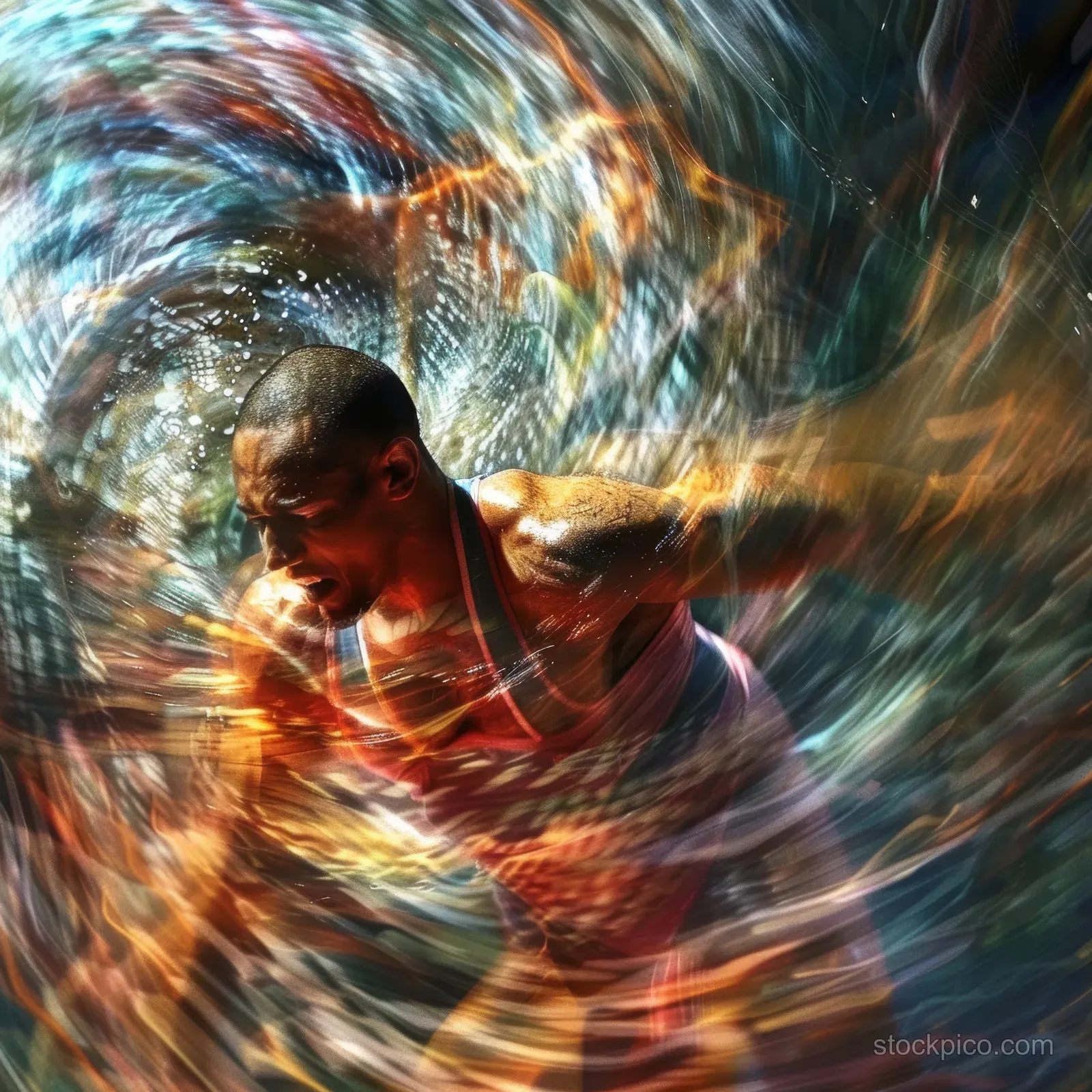 Cuban wrestler grappling during freestyle wrestling with strong motion blur and swirling arena colors behind.