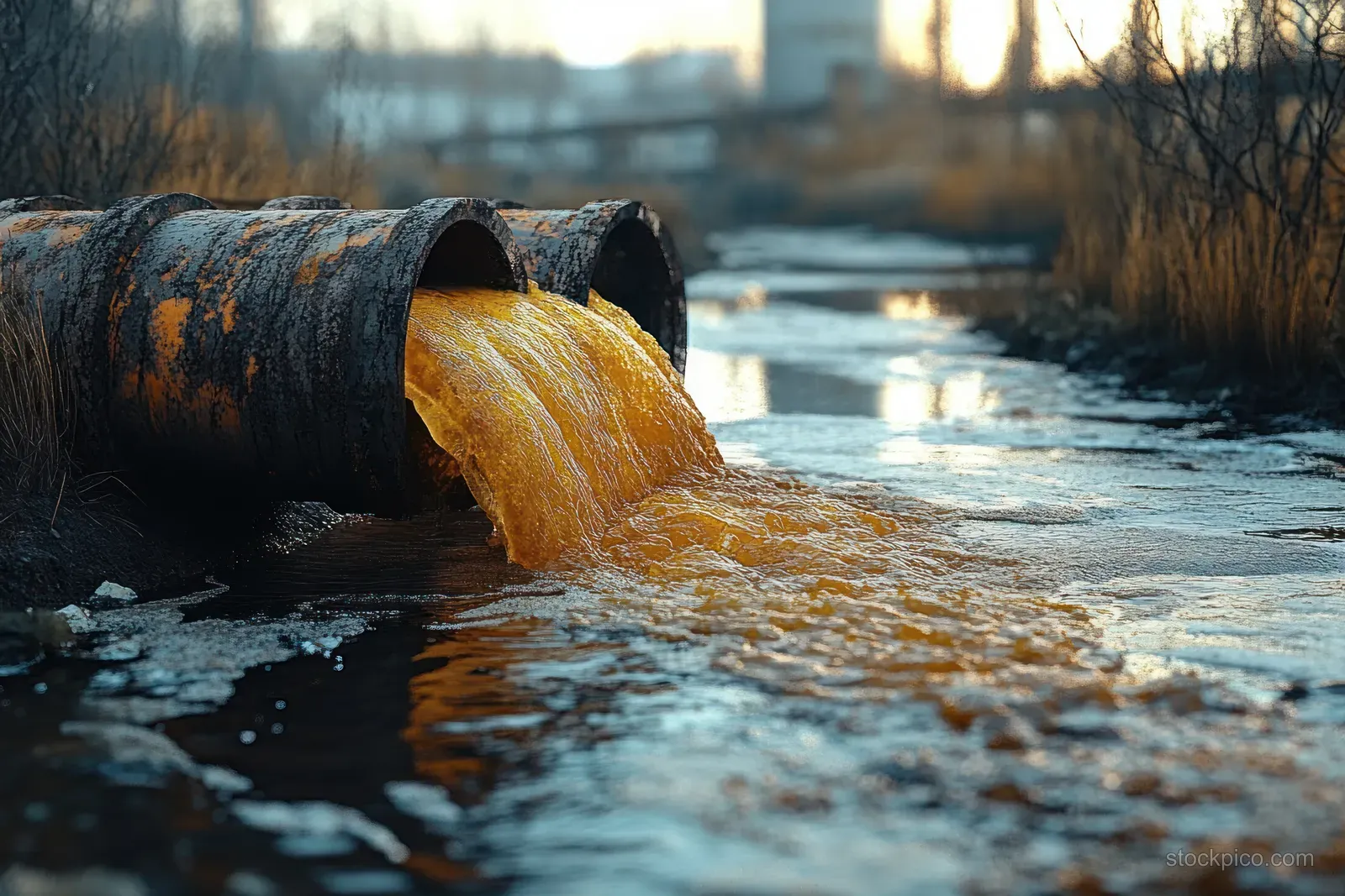 A rusty pipe spills orange wastewater into a polluted river with dry reeds and a blurred factory in the background.