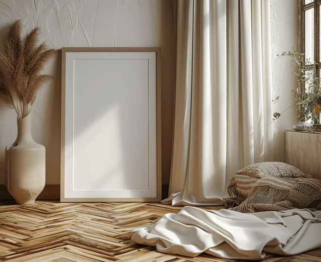 Blank square frame mockup sits on a parquet floor beside beige curtains and dried pampas arrangement.
