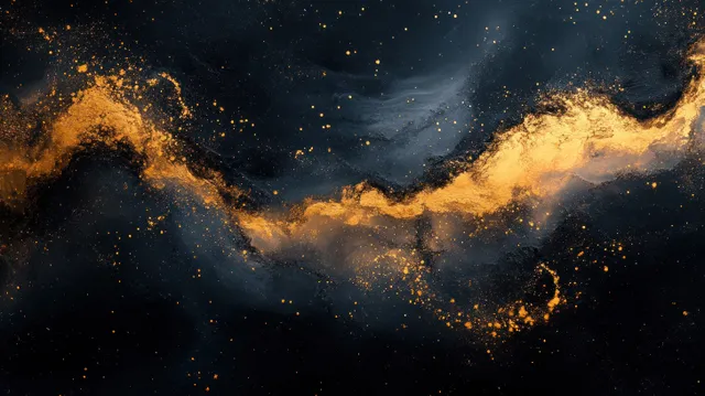 Glowing gold nebula brush cloud on dark space background with sparkling dust