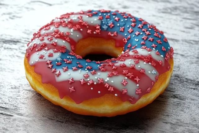 Glazed donut topped with red, white, and blue icing and star sprinkles on a textured surface.