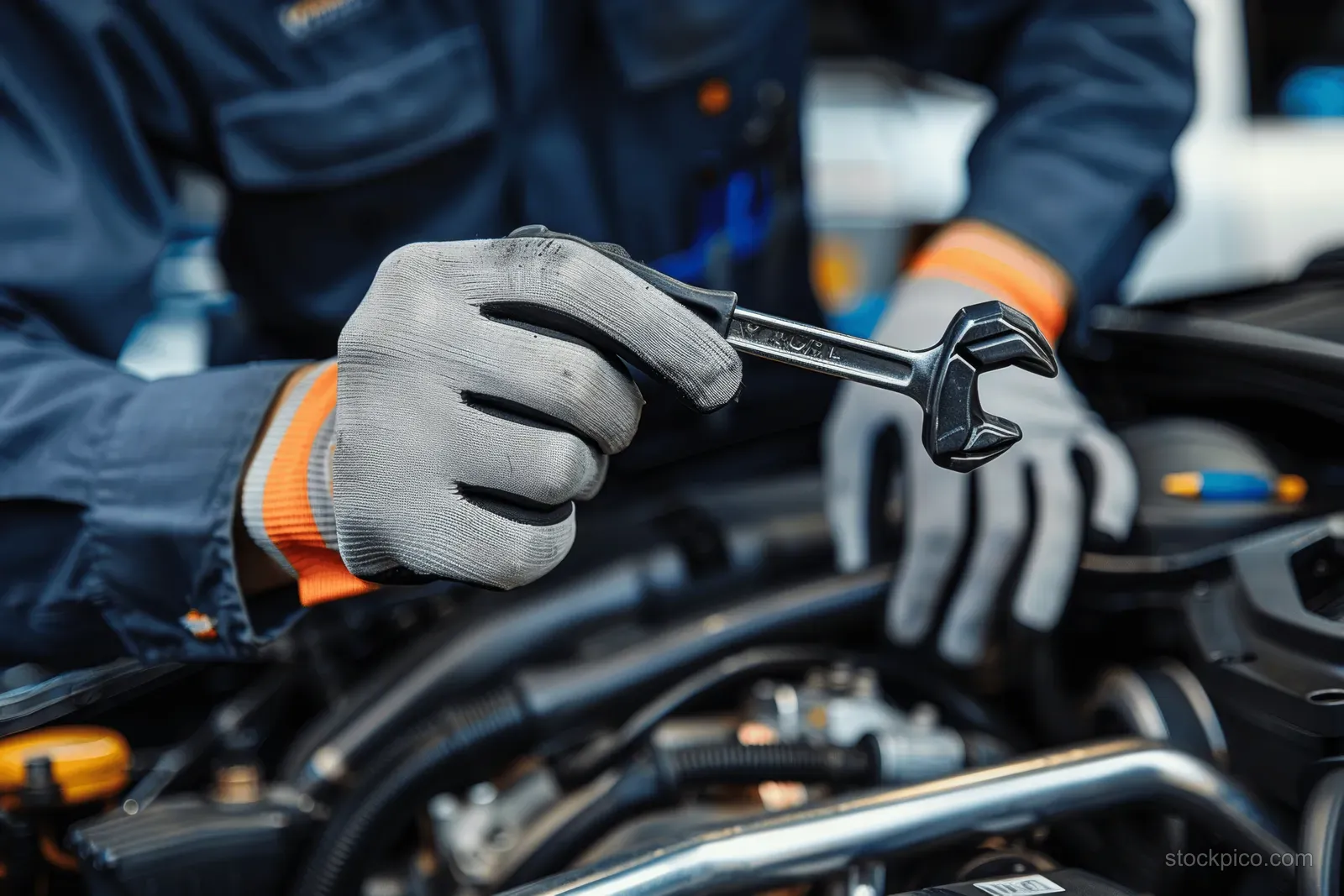 A gloved mechanic tightens a bolt on an open car engine with a wrench inside a garage workshop.