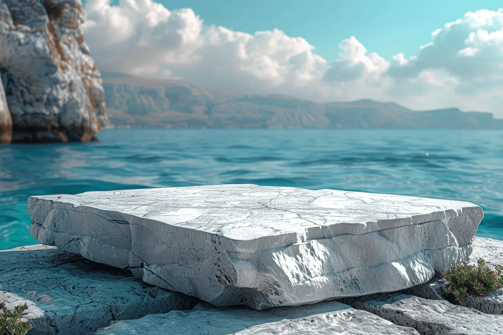 A white marble slab sits by calm blue water with rocky cliffs and a bright sky in the background.