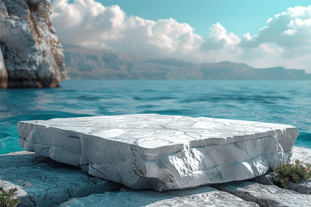 White Marble Slab beside Calm Blue Sea with Distant Rocky Coast