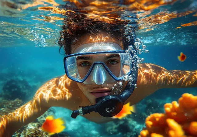 Young snorkeler underwater wearing a mask and snorkel, surrounded by coral and orange fish.