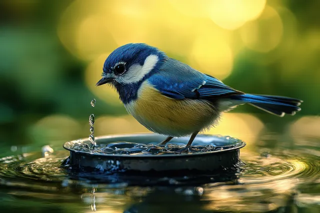 Blue tit drinks from a water bowl with rippling reflections in a green garden
