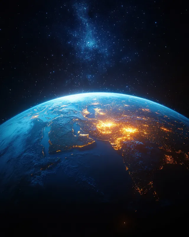 Orbital view of Earth at night with bright city lights across Eastern Asia under a starry sky.