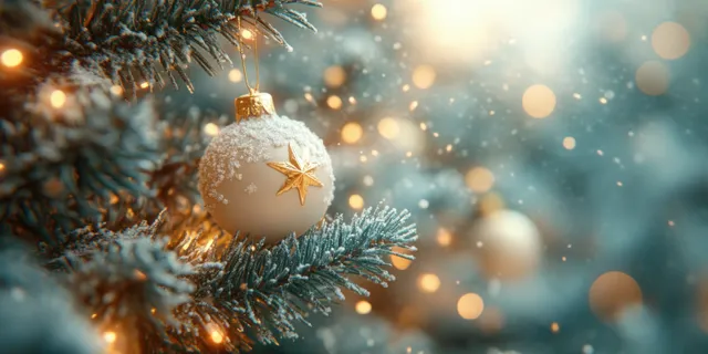 White Christmas ornament with a gold star on a pine branch with glowing lights and snowy bokeh behind it.
