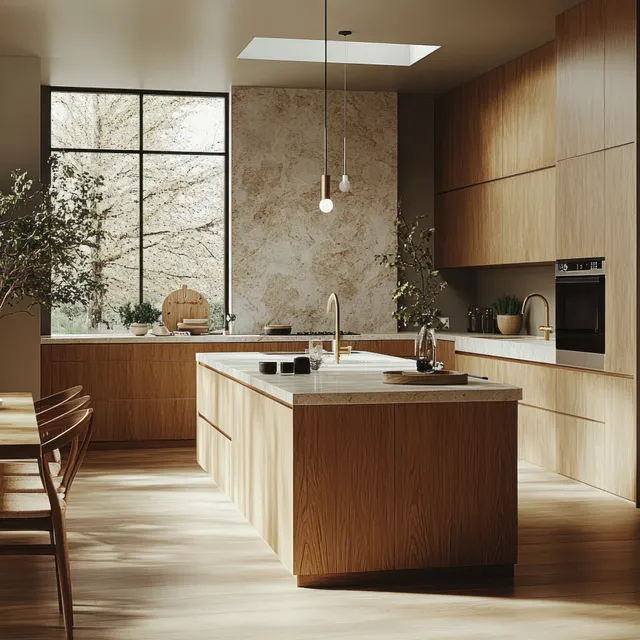 A modern kitchen island with marble countertops and natural wood cabinets lit by warm window and skylight, with potted plants.