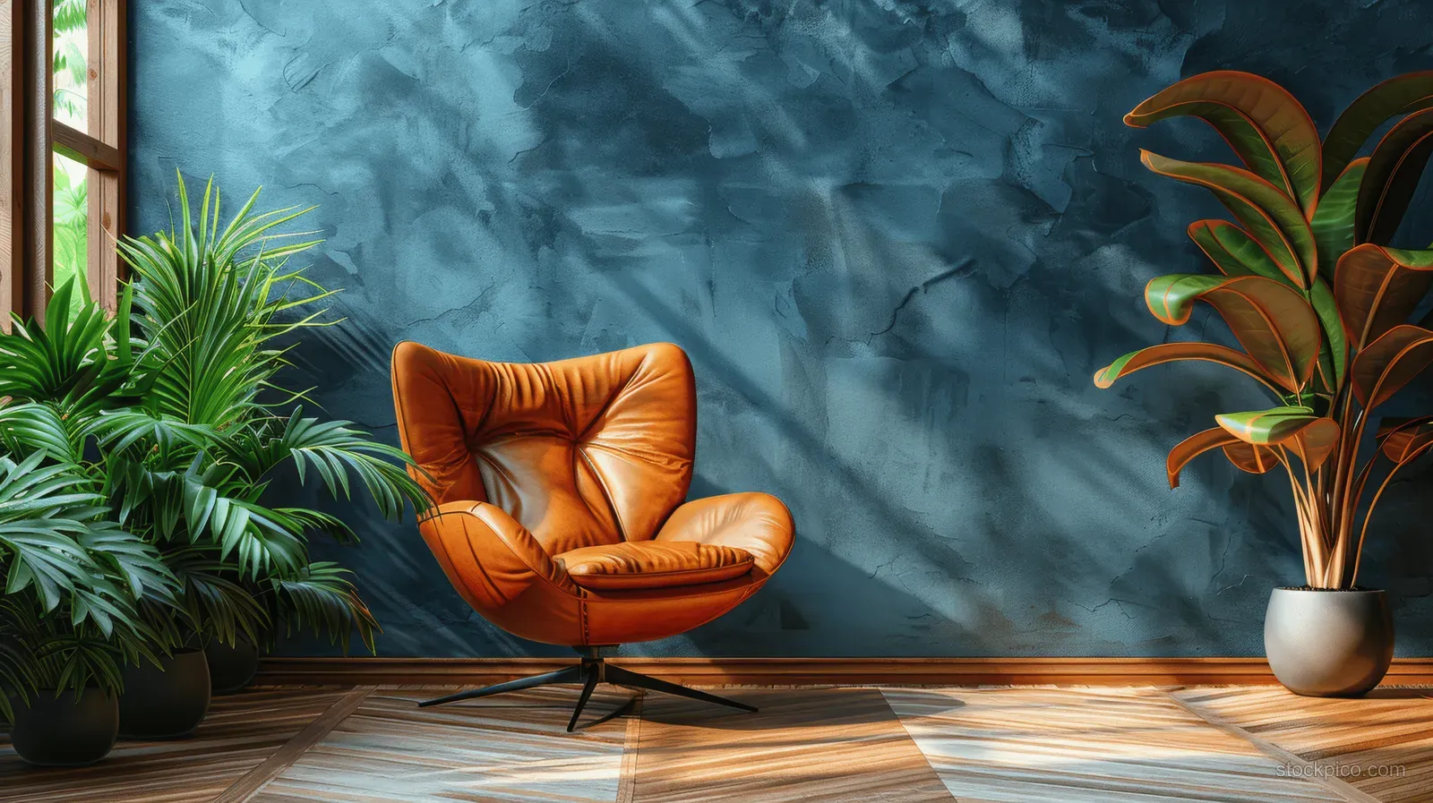 Leather armchair sits on wooden flooring against a dark blue wall with potted plants and a floor lamp nearby.