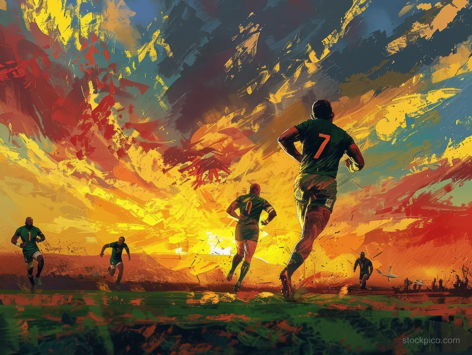 South African rugby sevens players sprint and celebrate on a field under a blazing sunset sky.